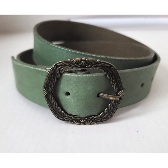 Free People Green Leather Belt w Ornate Oval Buckle M/L 1.5" W Artisan Boho NWOT - Picture 3 of 7